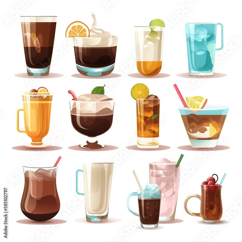 A collection of different drinks including iced coffee, iced coffee, and iced coffee.