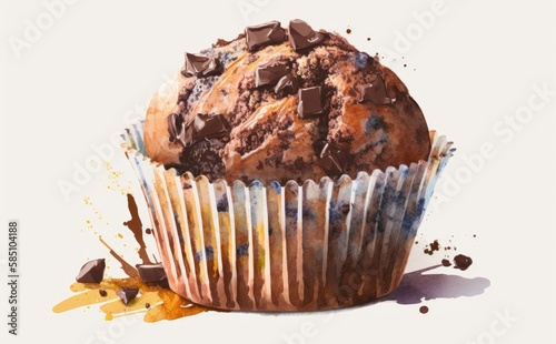 A drawn chocolate muffin cupcake on white background watercolor pastry illustrations Generative AI