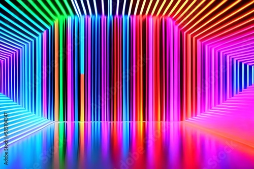 3d render, abstract minimal geometric background. Glowing neon lines. Stage illumination with floor reflection. Blank vertical rectangular frame with copy space