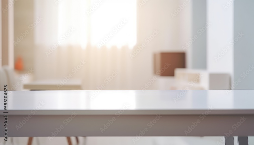 Fototapeta premium White empty table with modern living room in the morning. Generative AI