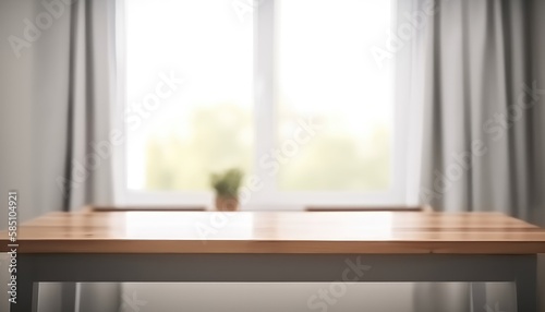 Wooden table with copy space and window background with curtains. Generative AI