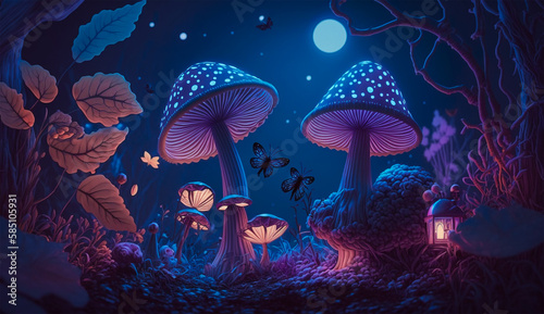 fantastic wonderland landscape with mushrooms, and flowers, morpho butterflies and moon. illustration to the fairy tale