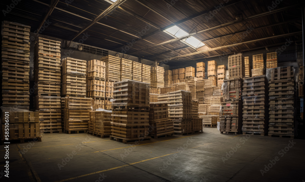 Interior of a warehouse premises filled with piles of wooden cranes. Warehouse with export and import boxes. Generative AI. Interior of a warehouse premises filled with piles of wooden cranes. Warehouse with export and import boxes. Generative AI.