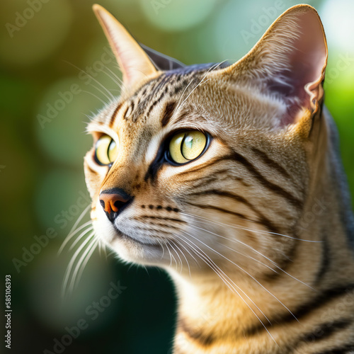 Ravishing hyper realistic portrait of happy ocicat cat in natural outdoor lush with flower in background as concept of modern domestic pet by Generative AI. photo