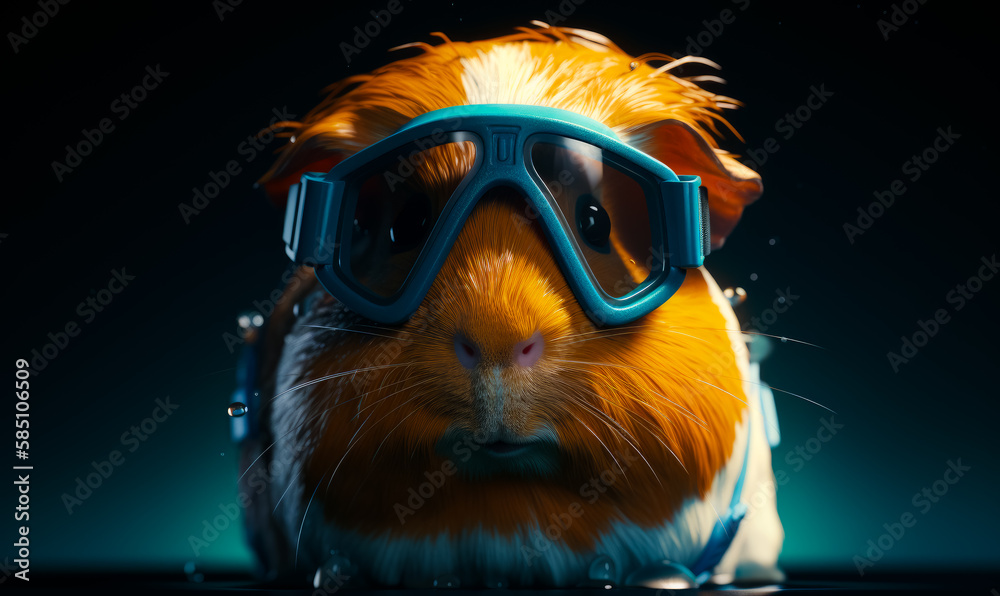 Adorable picture of a cute guinea pig wearing goggles. Lovely pet looking at camera. Dark backdrop. Generative AI.