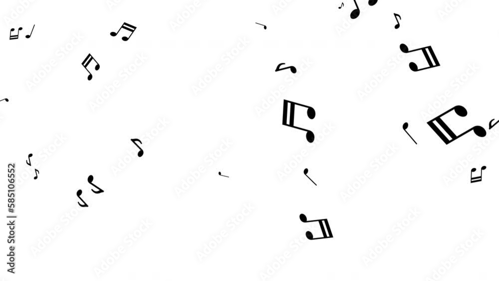 Loop animation with many music notes flowing on white background
