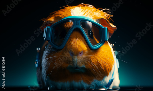 Adorable picture of a cute guinea pig wearing goggles. Lovely pet looking at camera. Dark backdrop. Generative AI.
