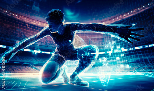 Athletic girl exercising, covered with a thin futuristic luminous net of hologram. Stadium at backdrop. Generative AI. © Vadim