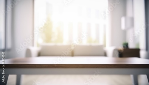Empty table and copy space with blurred living room background in the morning. Generative AI