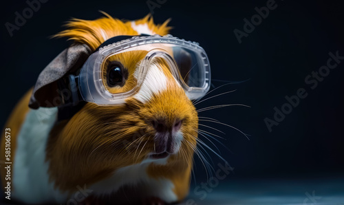 Red and white guinea pig in cute goggles. Adorable little pet close up. Black backdrop. Generative AI.
