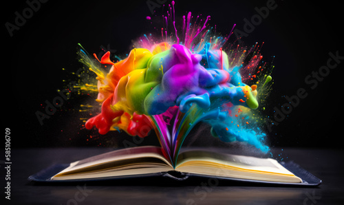 An opened book with colorful splash over it. Getting information  studying  adventure reading concept. Black backdrop. Generative AI.
