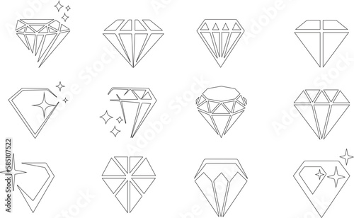 Diamonds icon set. Outline set of diamonds vector icons for web design isolated on white background