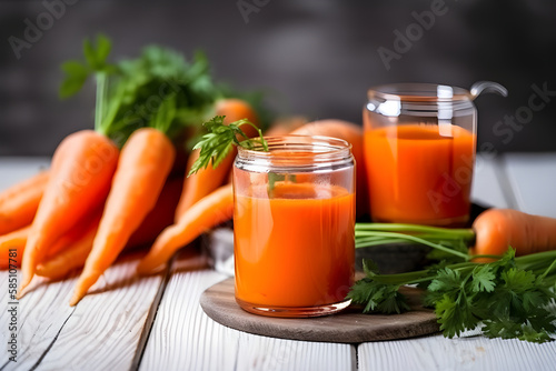 Fresh carrot juice on wooden background , Generative AI