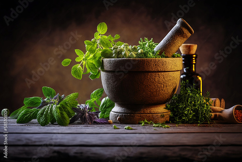 mortar and pestle with herbs photo