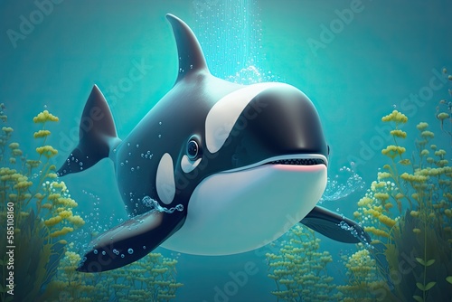 Cute Cartoon Killer Whale Character Underwater in the Ocean (Generative AI)