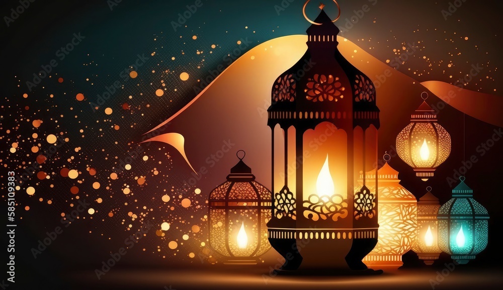 Holy month of Ramadan concept. Righteous Muslim Lifestyle. Ramadan lantern (Fanous), dates.. Mountains and City lights in bokeh blurred background Generative Ai