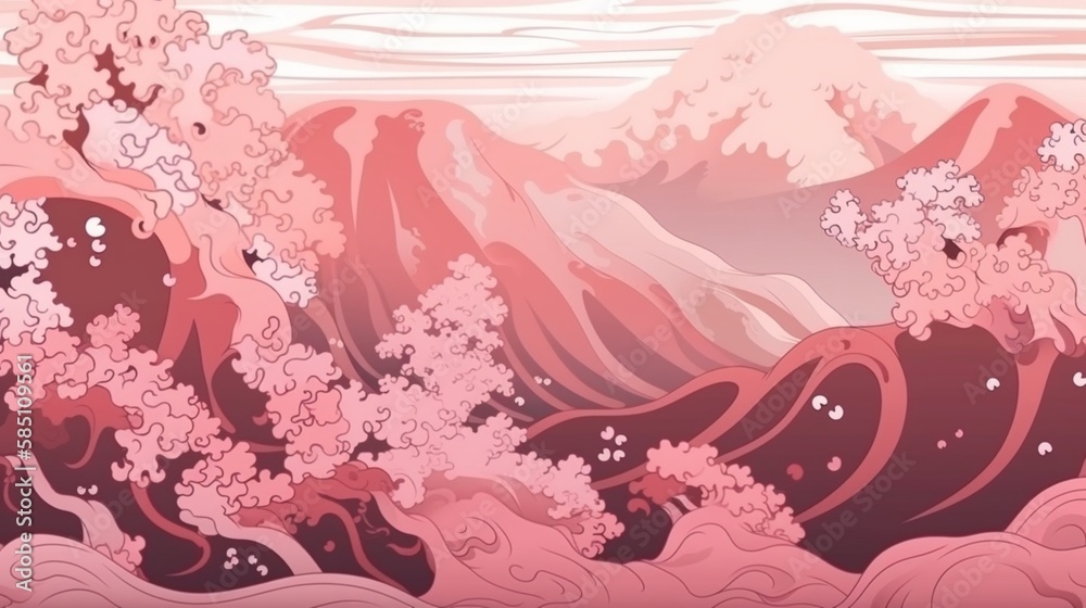 北斎風の抽象的な背景。波、海、ピンクの桜の木GenerativeAI