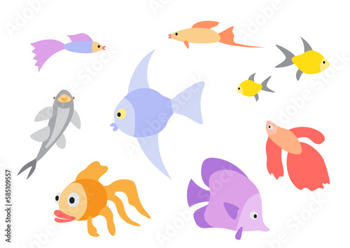 aquarium flat design color fishes set