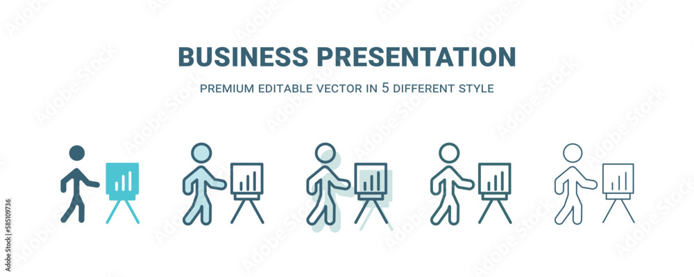business presentation icon in 5 different style. Outline, filled, two color, thin business presentation icon isolated on white background. Editable vector can be used web and mobile