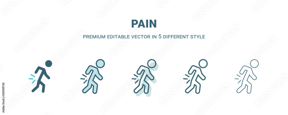 pain icon in 5 different style. Outline, filled, two color, thin pain icon isolated on white background. Editable vector can be used web and mobile
