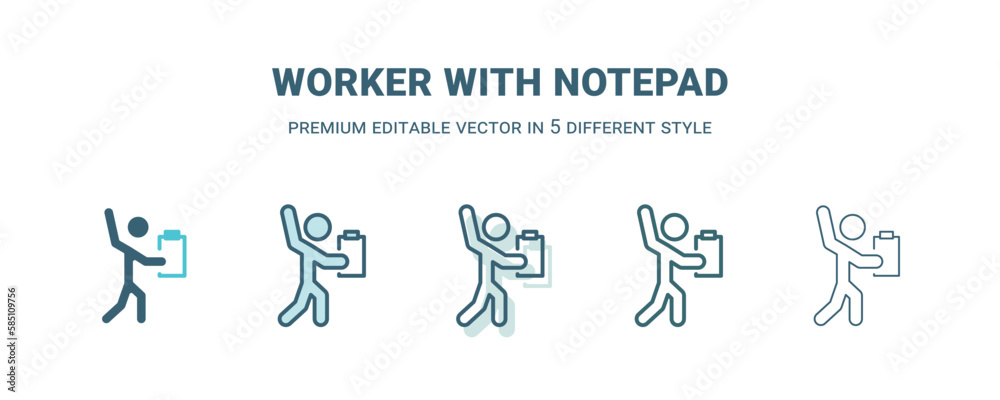 worker with notepad icon in 5 different style. Outline, filled, two color, thin worker with notepad icon isolated on white background. Editable vector can be used web and mobile