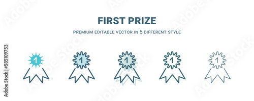 first prize icon in 5 different style. Outline, filled, two color, thin first prize icon isolated on white background. Editable vector can be used web and mobile