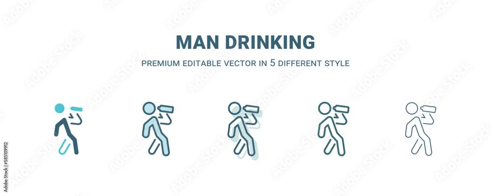 man drinking icon in 5 different style. Outline, filled, two color, thin man drinking icon isolated on white background. Editable vector can be used web and mobile
