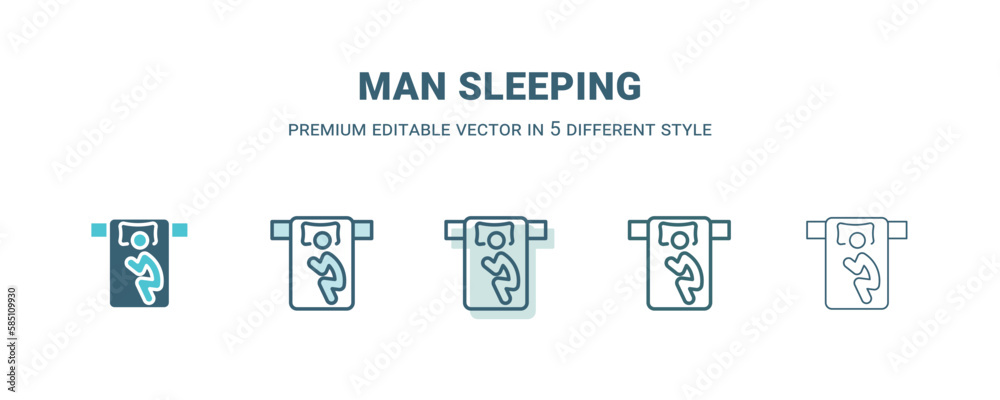 man sleeping icon in 5 different style. Outline, filled, two color, thin man sleeping icon isolated on white background. Editable vector can be used web and mobile