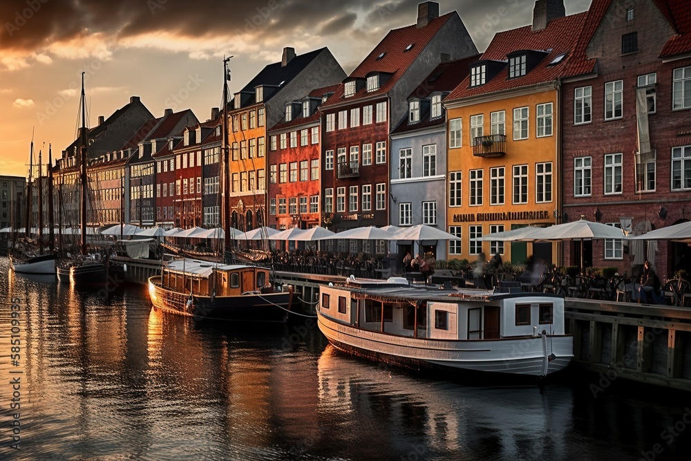Naklejka premium Colorful Nyhavn Canal Waterfront, Copenhagen, Generative AI