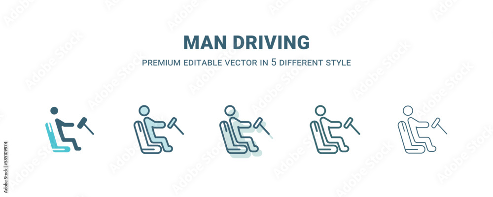 man driving icon in 5 different style. Outline, filled, two color, thin man driving icon isolated on white background. Editable vector can be used web and mobile