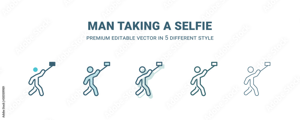 man taking a selfie icon in 5 different style. Outline, filled, two color, thin man taking a selfie icon isolated on white background. Editable vector can be used web and mobile