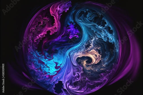 Liquid vortex. Stylized, blue, purple, gradient, liquid, wallpaper. Illustration. AI