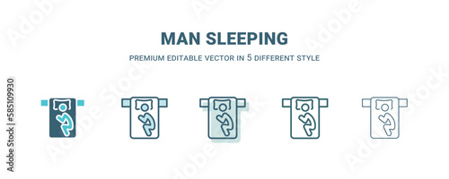 man sleeping icon in 5 different style. Outline, filled, two color, thin man sleeping icon isolated on white background. Editable vector can be used web and mobile