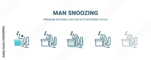 man snoozing icon in 5 different style. Outline, filled, two color, thin man snoozing icon isolated on white background. Editable vector can be used web and mobile