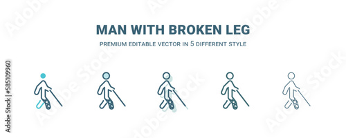 man with broken leg icon in 5 different style. Outline, filled, two color, thin man with broken leg icon isolated on white background. Editable vector can be used web and mobile