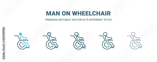 man on wheelchair icon in 5 different style. Outline, filled, two color, thin man on wheelchair icon isolated on white background. Editable vector can be used web and mobile
