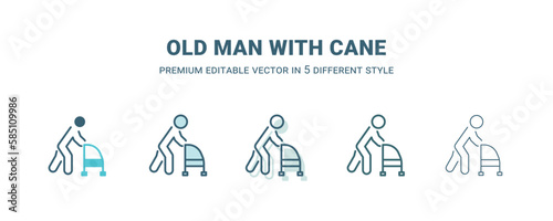 old man with cane icon in 5 different style. Outline  filled  two color  thin old man with cane icon isolated on white background. Editable vector can be used web and mobile