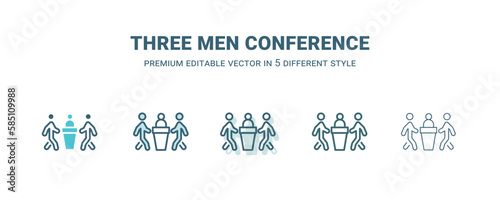 three men conference icon in 5 different style. Outline, filled, two color, thin three men conference icon isolated on white background. Editable vector can be used web and mobile