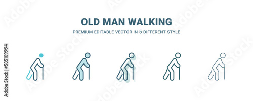 old man walking icon in 5 different style. Outline  filled  two color  thin old man walking icon isolated on white background. Editable vector can be used web and mobile