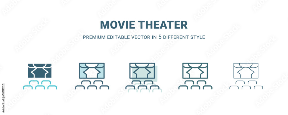 movie theater icon in 5 different style. Outline, filled, two color, thin movie theater icon isolated on white background. Editable vector can be used web and mobile movie theater icon in 5 different style. Outline, filled, two color, thin movie theater icon isolated on white background. Editable vector can be used web and mobile