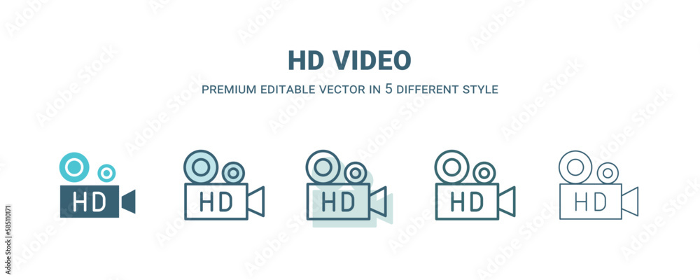hd video icon in 5 different style. Outline, filled, two color, thin hd video icon isolated on white background. Editable vector can be used web and mobile hd video icon in 5 different style. Outline, filled, two color, thin hd video icon isolated on white background. Editable vector can be used web and mobile