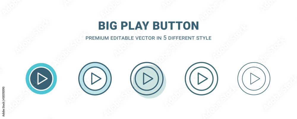 big play button icon in 5 different style. Outline, filled, two color, thin big play button icon isolated on white background. Editable vector can be used web and mobile