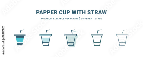 papper cup with straw icon in 5 different style. Outline, filled, two color, thin papper cup with straw icon isolated on white background. Editable vector can be used web and mobile