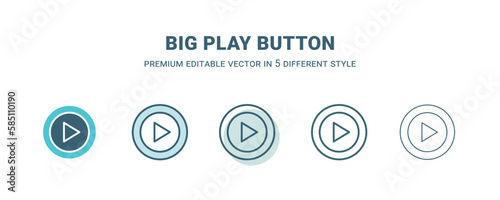 big play button icon in 5 different style. Outline, filled, two color, thin big play button icon isolated on white background. Editable vector can be used web and mobile