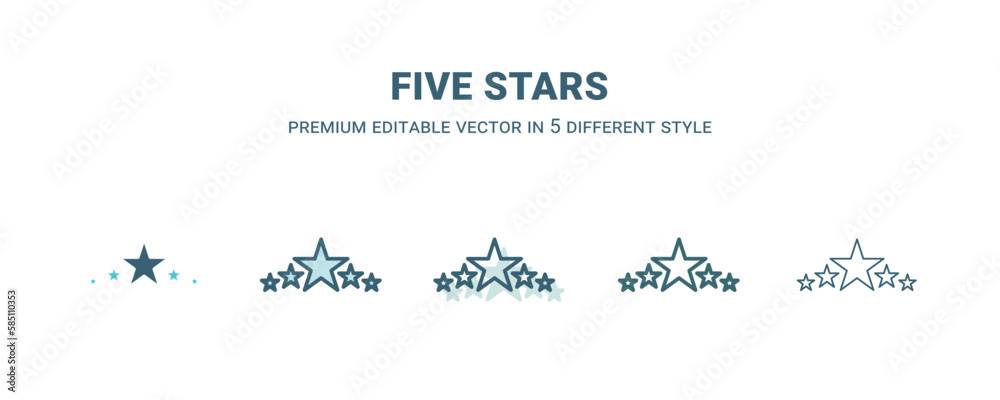 five stars icon in 5 different style. Outline, filled, two color, thin five stars icon isolated on white background. Editable vector can be used web and mobile
