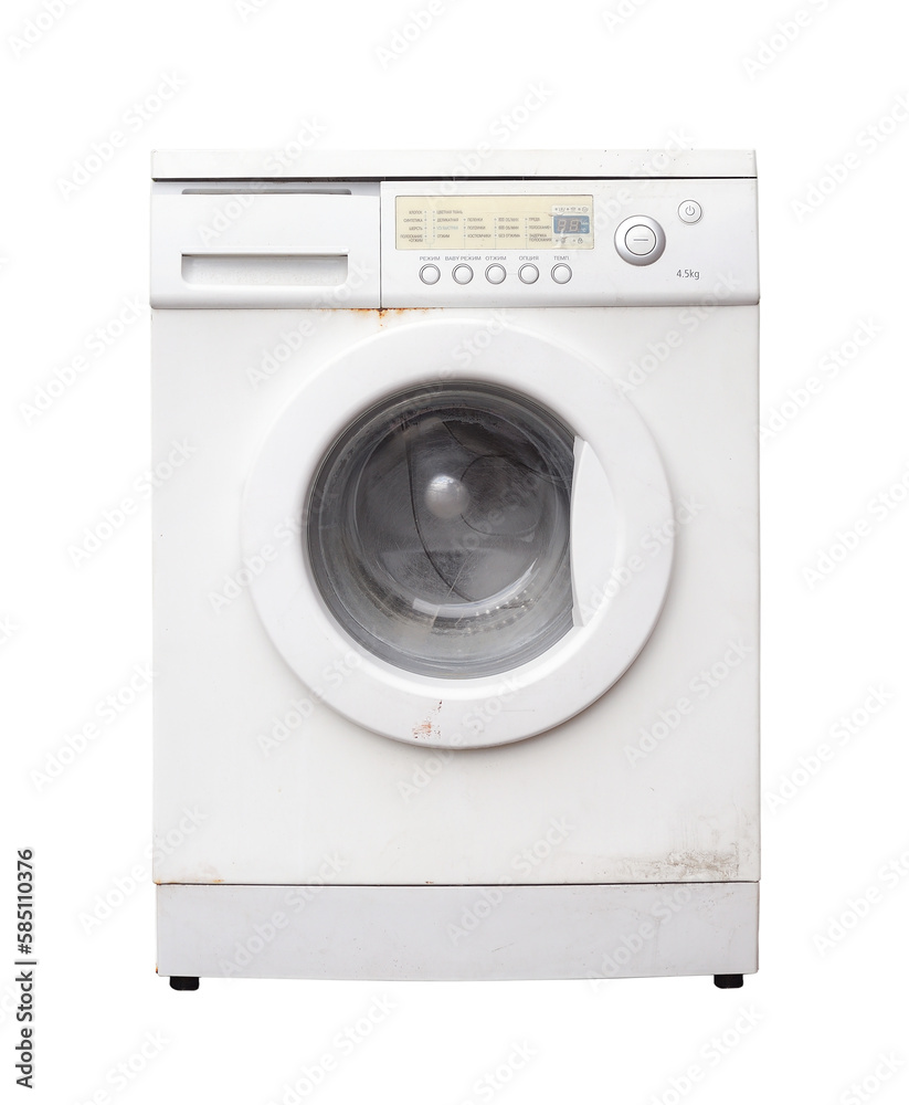 Old rusty broken washing machine isolated on white background.