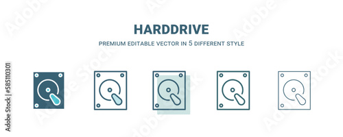 harddrive icon in 5 different style. Outline, filled, two color, thin harddrive icon isolated on white background. Editable vector can be used web and mobile