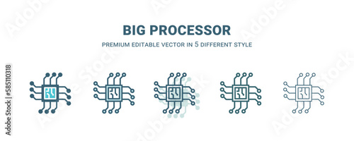 big processor icon in 5 different style. Outline, filled, two color, thin big processor icon isolated on white background. Editable vector can be used web and mobile