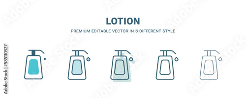 lotion icon in 5 different style. Outline  filled  two color  thin lotion icon isolated on white background. Editable vector can be used web and mobile