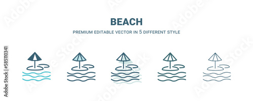 beach icon in 5 different style. Outline, filled, two color, thin beach icon isolated on white background. Editable vector can be used web and mobile